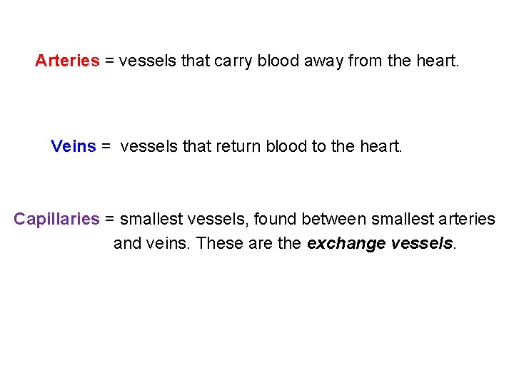 Arteries = vessels that carry blood away from the heart. Veins = vessels that