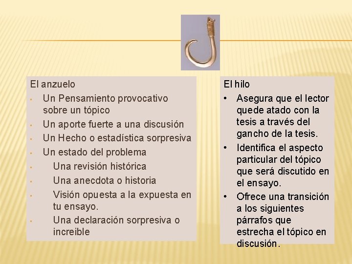 El anzuelo • Un Pensamiento provocativo sobre un tópico • Un aporte fuerte a