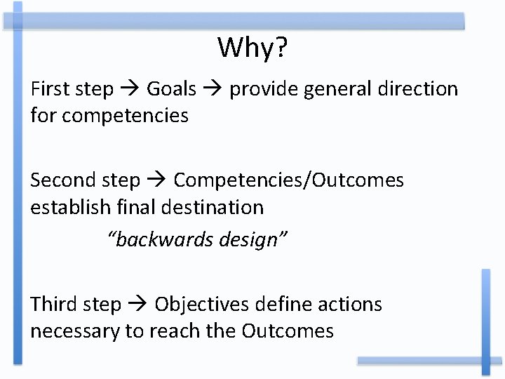 Why? First step Goals provide general direction for competencies Second step Competencies/Outcomes establish final