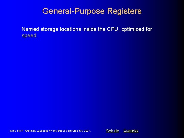 General-Purpose Registers Named storage locations inside the CPU, optimized for speed. Irvine, Kip R.