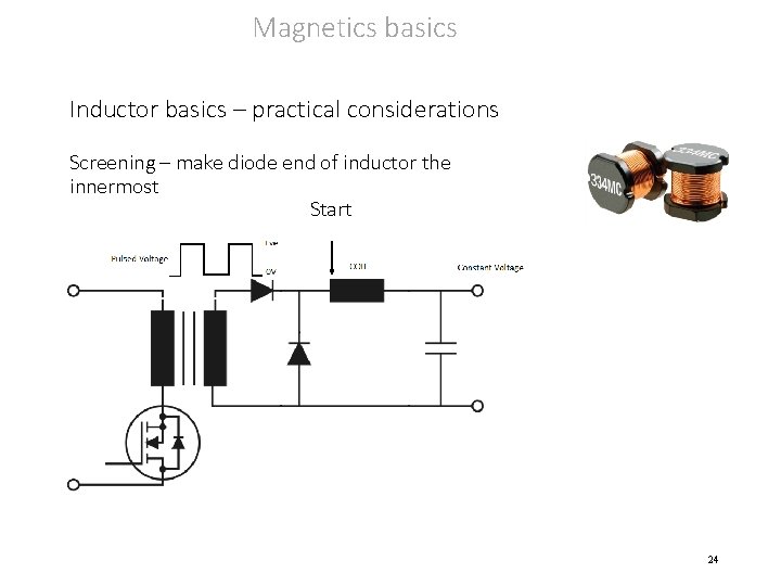 Magnetics basics Inductor basics – practical considerations Screening – make diode end of inductor