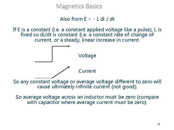 Magnetics Basics Also from E = - L di / dt If E is