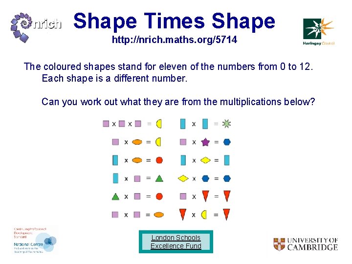 Shape Times Shape http: //nrich. maths. org/5714 The coloured shapes stand for eleven of