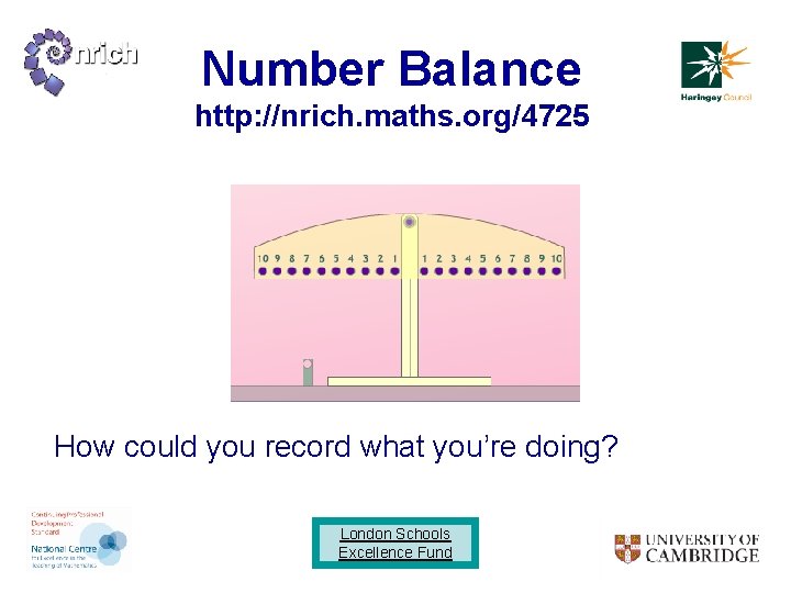 Number Balance http: //nrich. maths. org/4725 How could you record what you’re doing? London