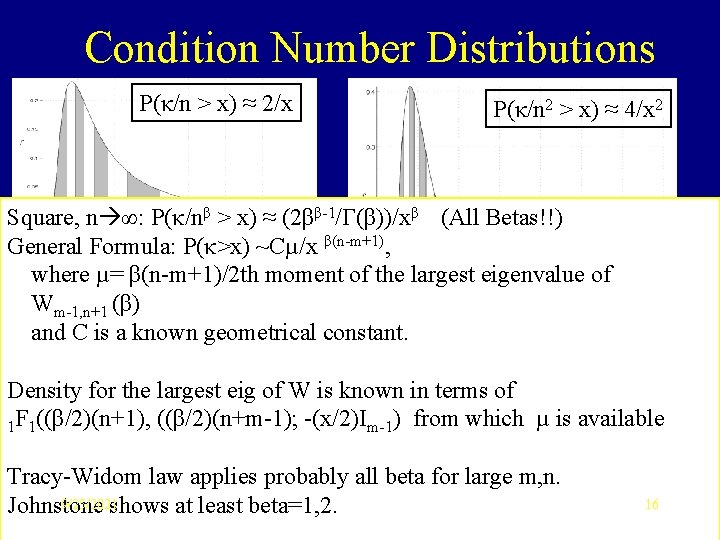 Condition Number Distributions P(κ/n > x) ≈ 2/x P(κ/n 2 > x) ≈ 4/x