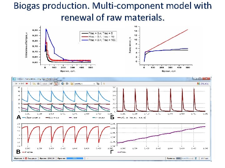 Biogas production. Multi-component model with renewal of raw materials. 