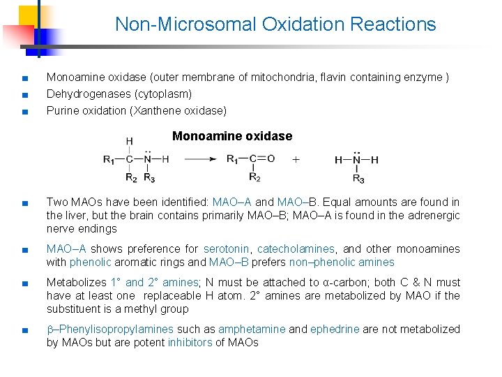 Non-Microsomal Oxidation Reactions ■ ■ ■ Monoamine oxidase (outer membrane of mitochondria, flavin containing