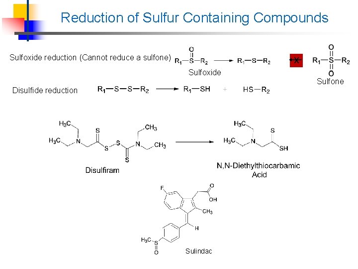 Reduction of Sulfur Containing Compounds Sulfoxide reduction (Cannot reduce a sulfone) X Sulfoxide Sulfone