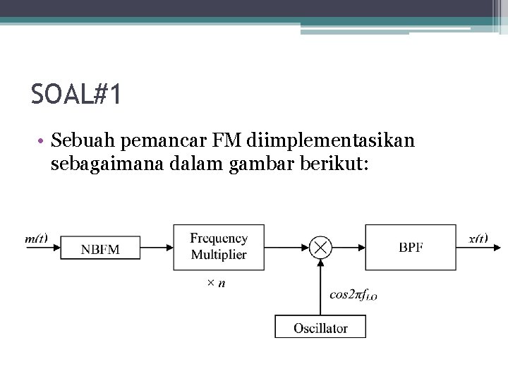 SOAL#1 • Sebuah pemancar FM diimplementasikan sebagaimana dalam gambar berikut: 