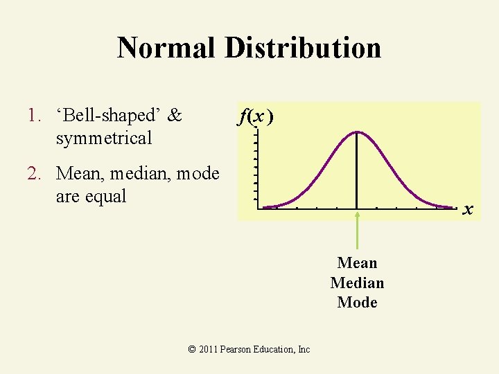 Normal Distribution 1. ‘Bell-shaped’ & symmetrical f(x ) 2. Mean, median, mode are equal