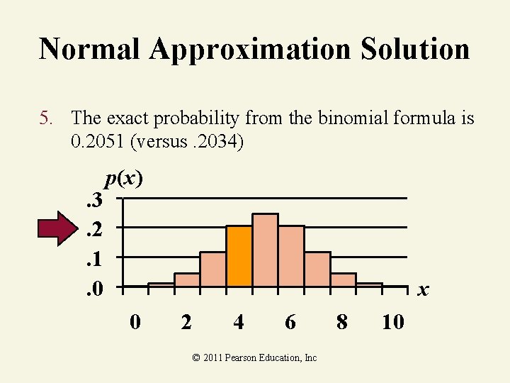 Normal Approximation Solution 5. The exact probability from the binomial formula is 0. 2051