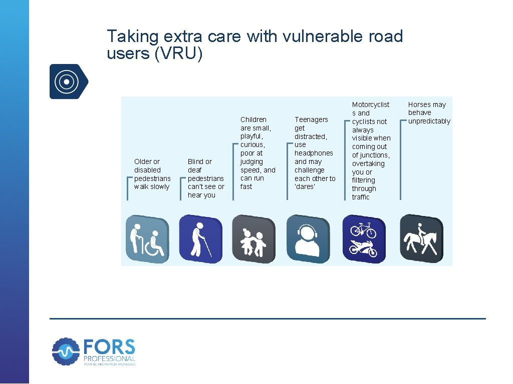 Taking extra care with vulnerable road users (VRU) Older or disabled pedestrians walk slowly