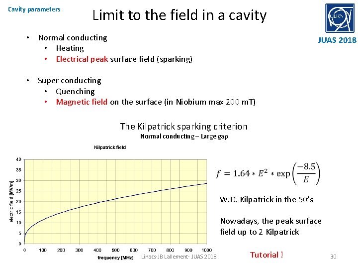 Cavity parameters Limit to the field in a cavity • Normal conducting • Heating