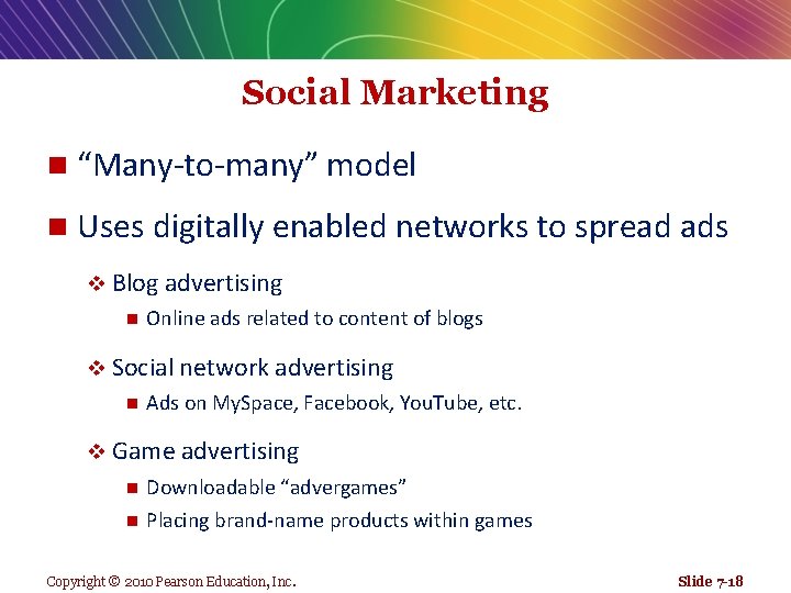 Social Marketing n “Many-to-many” model n Uses digitally enabled networks to spread ads v