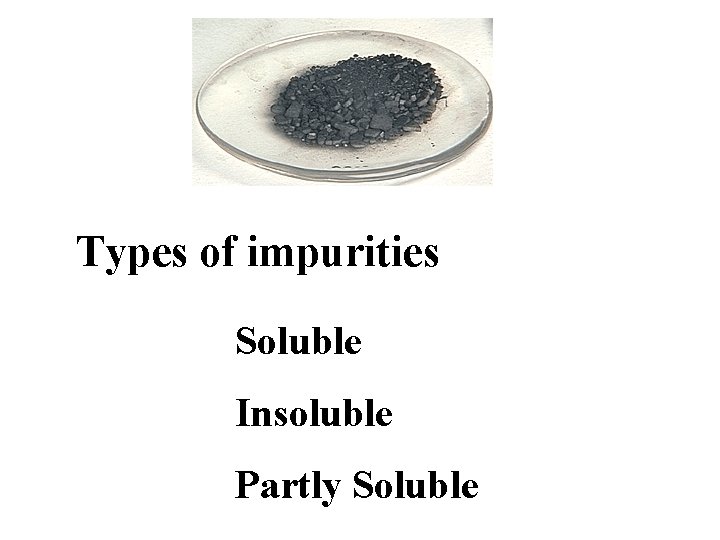 Types of impurities Soluble Insoluble Partly Soluble 