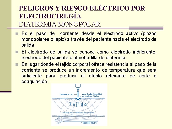 PELIGROS Y RIESGO ELÉCTRICO POR ELECTROCIRUGÍA DIATERMIA MONOPOLAR n Es el paso de corriente