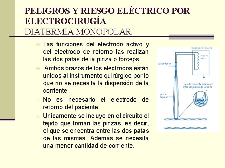 PELIGROS Y RIESGO ELÉCTRICO POR ELECTROCIRUGÍA DIATERMIA MONOPOLAR v v Las funciones del electrodo
