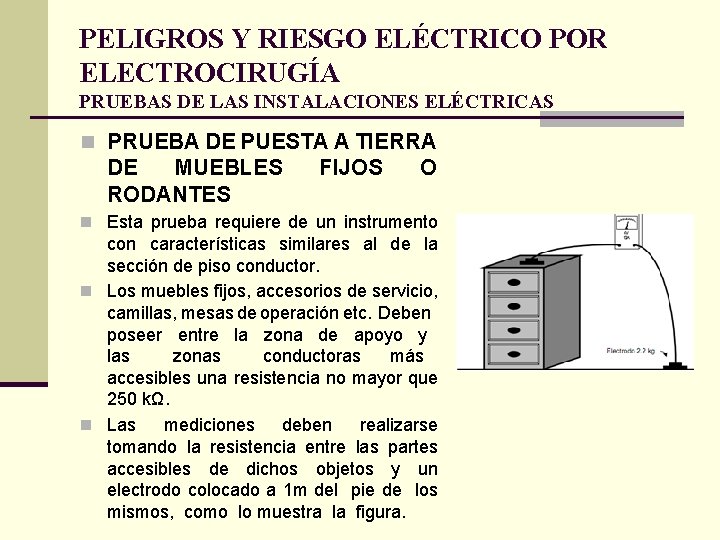 PELIGROS Y RIESGO ELÉCTRICO POR ELECTROCIRUGÍA PRUEBAS DE LAS INSTALACIONES ELÉCTRICAS n PRUEBA DE