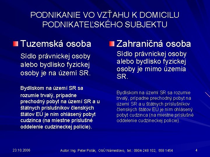 PODNIKANIE VO VZŤAHU K DOMICILU PODNIKATEĽSKÉHO SUBJEKTU Tuzemská osoba Zahraničná osoba Sídlo právnickej osoby