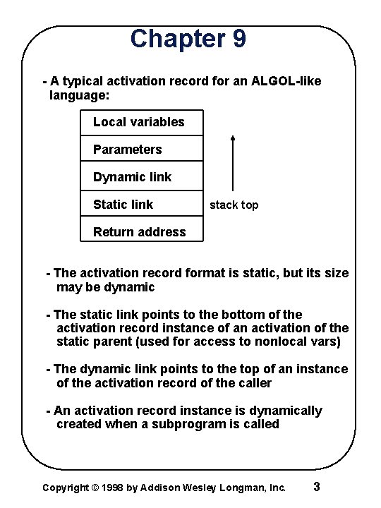 Chapter 9 - A typical activation record for an ALGOL-like language: Local variables Parameters