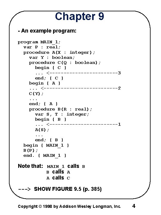 Chapter 9 - An example program: program MAIN_1; var P : real; procedure A(X