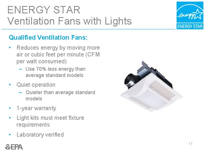 ENERGY STAR Ventilation Fans with Lights Qualified Ventilation Fans: • Reduces energy by moving