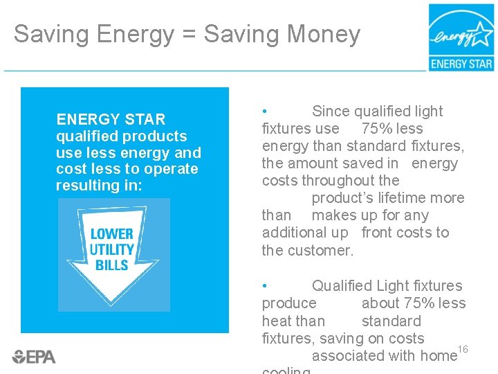 Saving Energy = Saving Money ENERGY STAR qualified products use less energy and cost