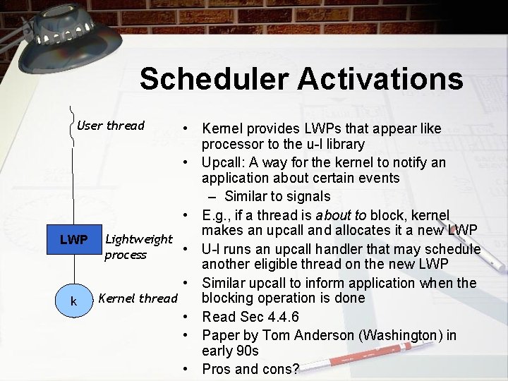 Scheduler Activations User thread • Kernel provides LWPs that appear like processor to the