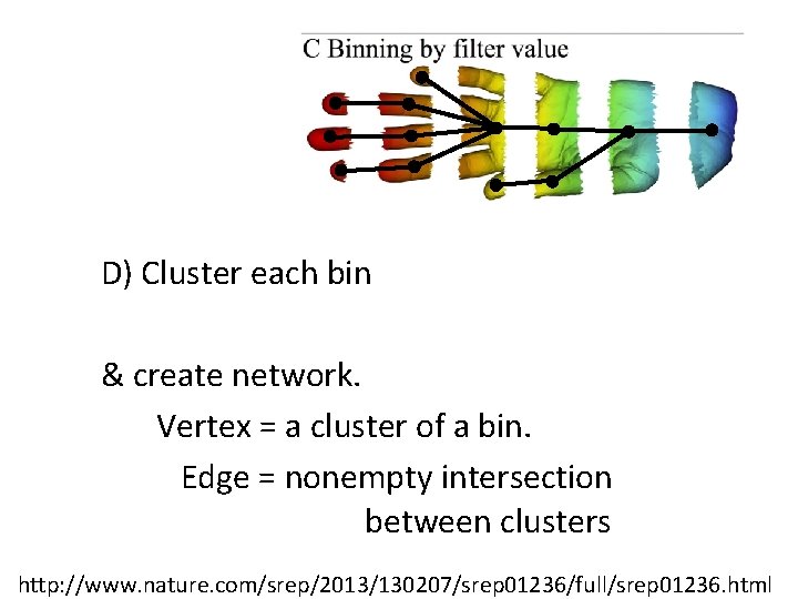 D) Cluster each bin & create network. Vertex = a cluster of a bin. D) Cluster each bin & create network. Vertex = a cluster of a bin.