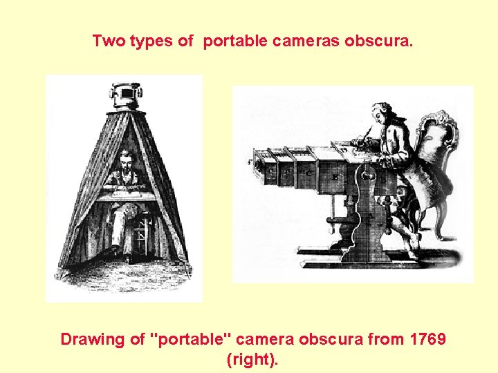 Two types of portable cameras obscura. Drawing of "portable" camera obscura from 1769 (right). Two types of portable cameras obscura. Drawing of "portable" camera obscura from 1769 (right).