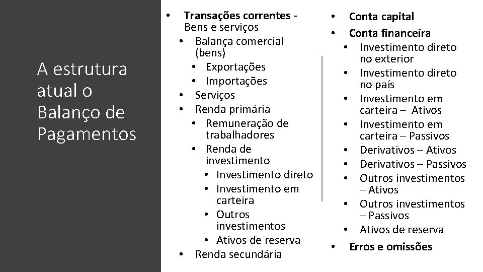  • A estrutura atual o Balanço de Pagamentos Transações correntes Bens e serviços