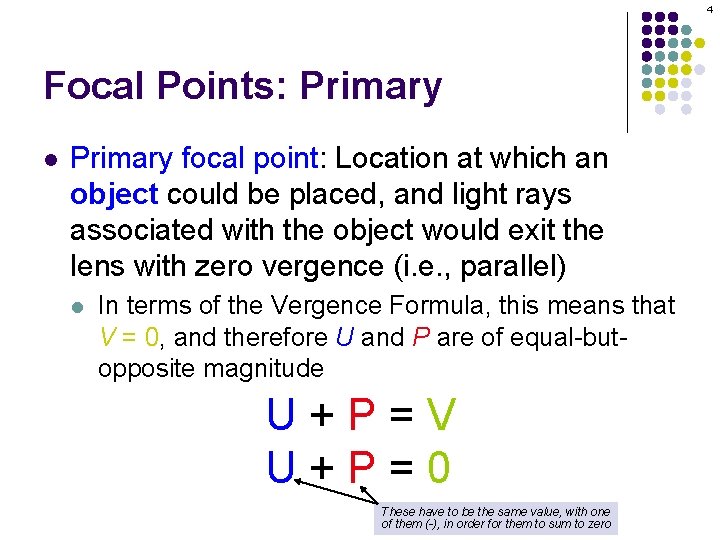 4 Focal Points: Primary l Primary focal point: Location at which an object could