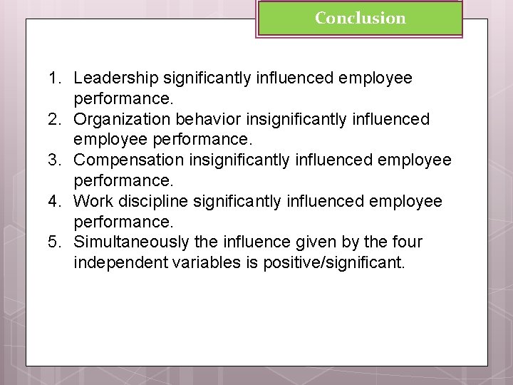 Conclusion 1. Leadership significantly influenced employee performance. 2. Organization behavior insignificantly influenced employee performance.