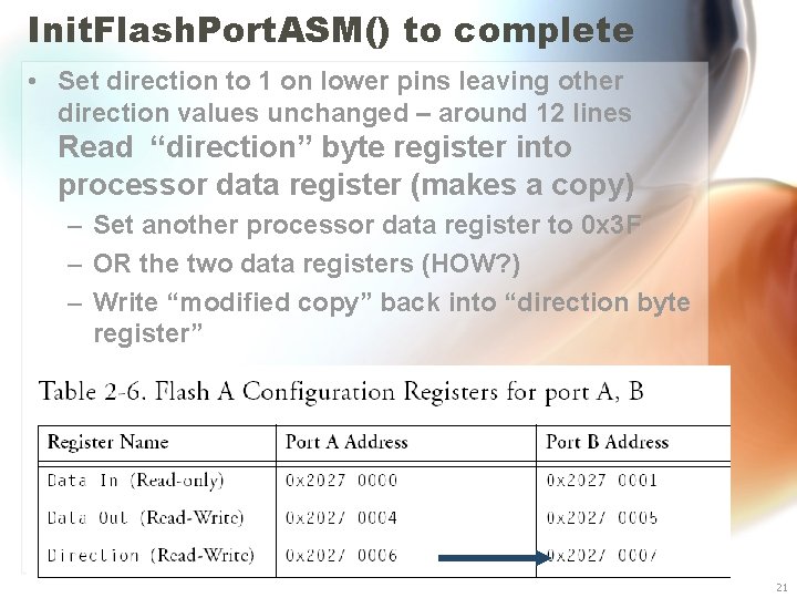 Init. Flash. Port. ASM() to complete • Set direction to 1 on lower pins