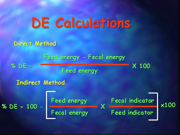 DE Calculations Direct Method Feed energy - Fecal energy % DE = X 100
