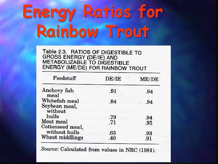 Energy Ratios for Rainbow Trout 