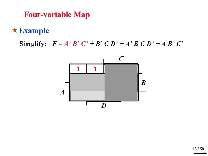 Four-variable Map «Example Simplify: F = A’ B’ C’ + B’ C D’ +