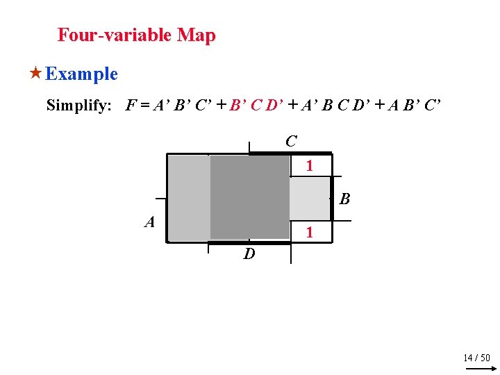 Four-variable Map «Example Simplify: F = A’ B’ C’ + B’ C D’ +