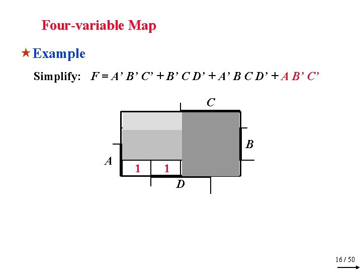 Four-variable Map «Example Simplify: F = A’ B’ C’ + B’ C D’ +