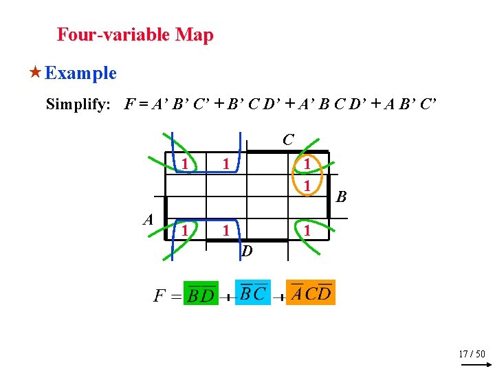 Four-variable Map «Example Simplify: F = A’ B’ C’ + B’ C D’ +