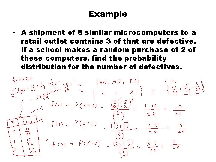 Example • A shipment of 8 similar microcomputers to a retail outlet contains 3