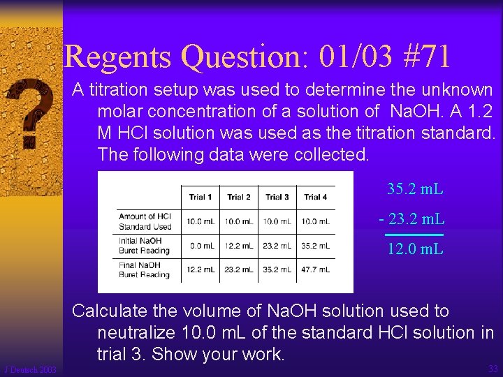Regents Question: 01/03 #71 A titration setup was used to determine the unknown molar