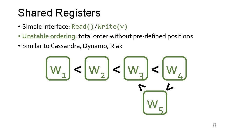Shared Registers • Simple interface: Read()/Write(v) • Unstable ordering: total order without pre-defined positions