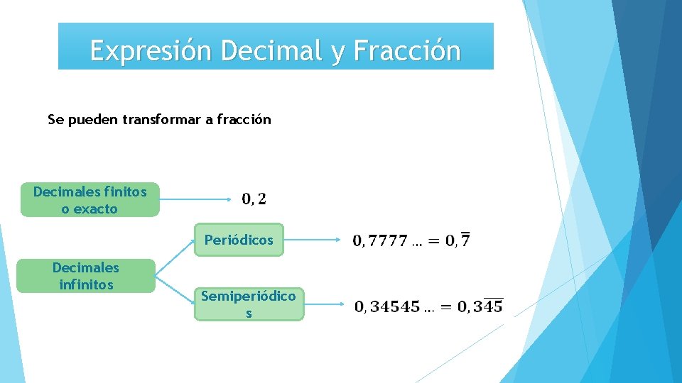 Expresión Decimal y Fracción Se pueden transformar a fracción Decimales finitos o exacto Periódicos