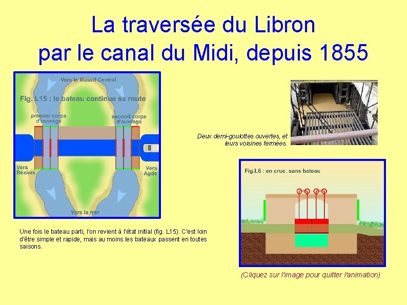 La traversée du Libron par le canal du Midi, depuis 1855 Deux demi-goulottes ouvertes,