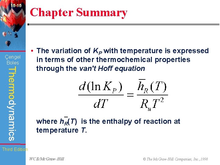 15 -15 Çengel Boles Chapter Summary Thermodynamics • The variation of KP with temperature