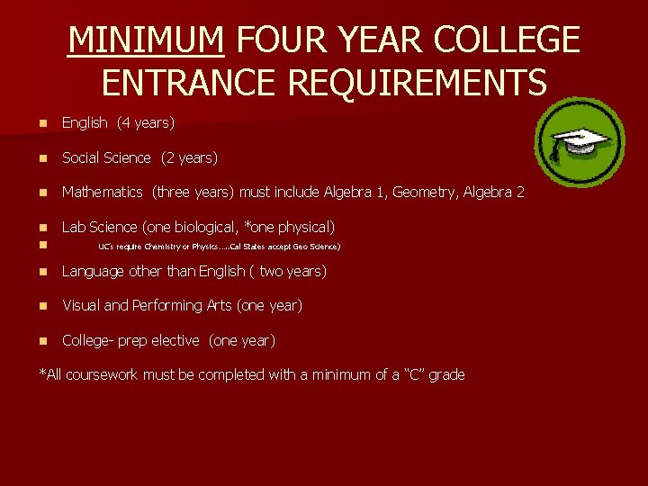 MINIMUM FOUR YEAR COLLEGE ENTRANCE REQUIREMENTS n English (4 years) n Social Science (2