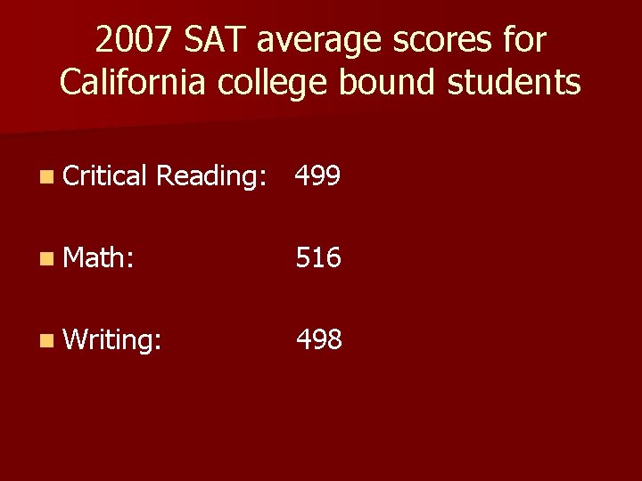 2007 SAT average scores for California college bound students n Critical Reading: 499 n