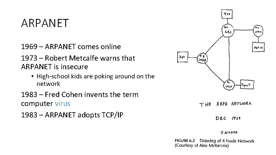 ARPANET 1969 – ARPANET comes online 1973 – Robert Metcalfe warns that ARPANET is
