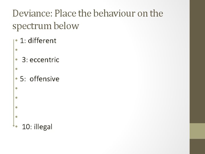 Deviance: Place the behaviour on the spectrum below • 1: different • • 3: